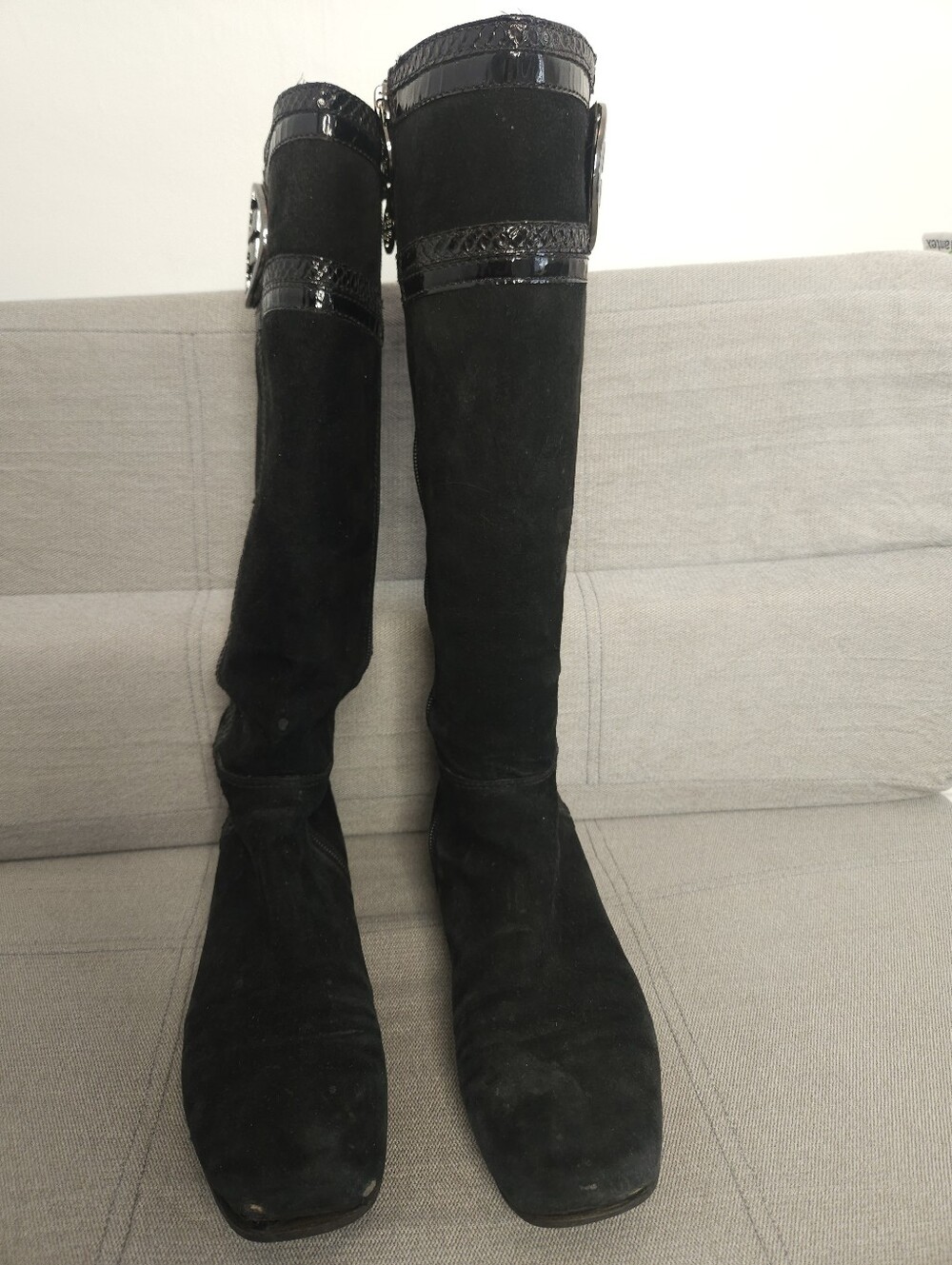 Tory Burch Black Suede Knee-High Boots with Logo Medallion - Picture 2 of 9
